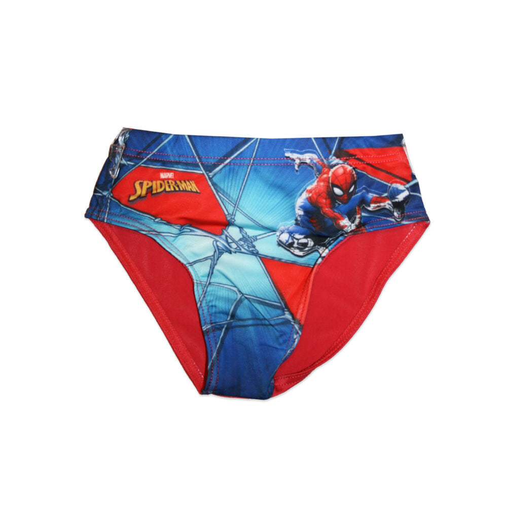 Red Spiderman swim trunks for boys with Spider-Man lettering